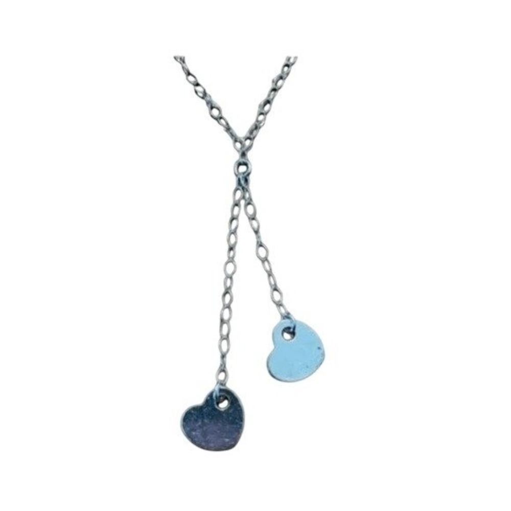 Double Hearts 925 Sterling Silver Lariat Necklace Single Chain Drop